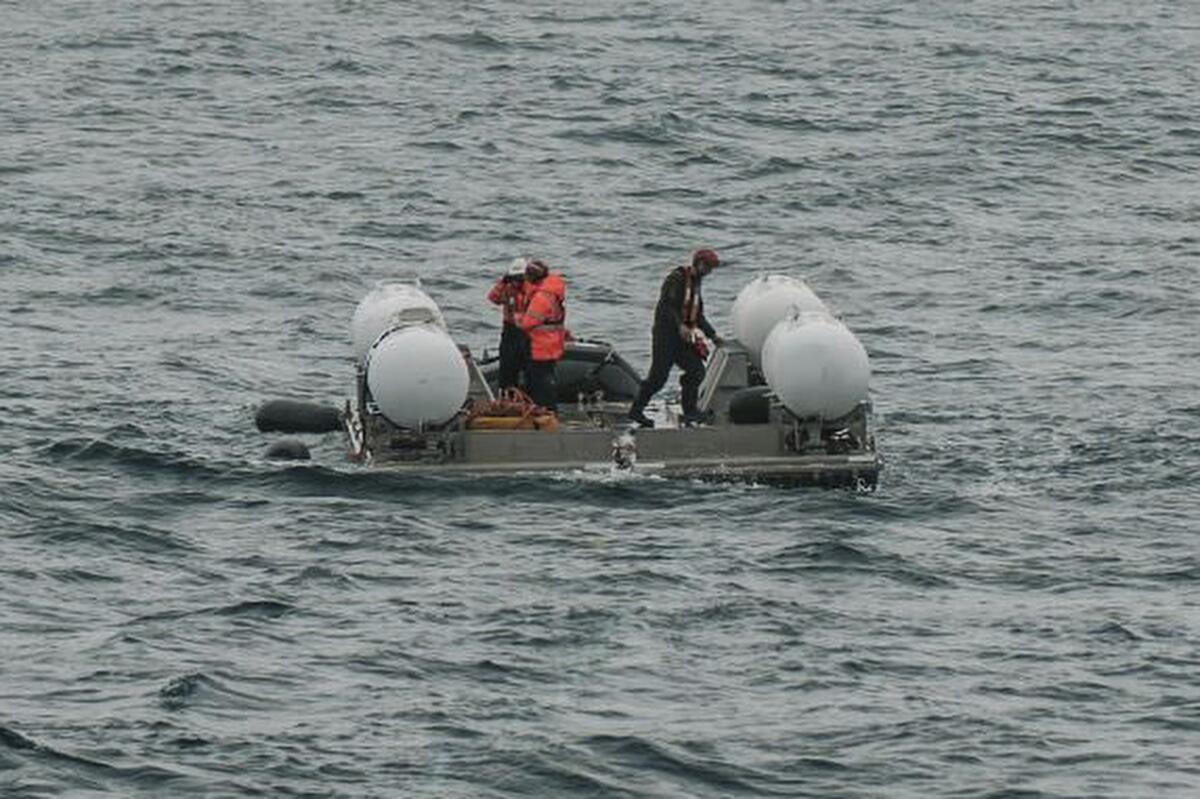 The submersible Titan is prepared for it's ill-fated dive to the Titanic in the North Atlantic on Sunday.