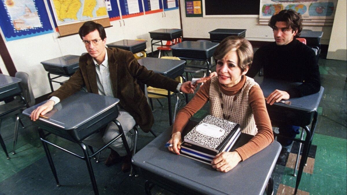 Amy Sedaris with Stephen Colbert, left, and Paul Dinello in the cult comedy "Strangers With Candy," which recently marked its 20th anniversary.