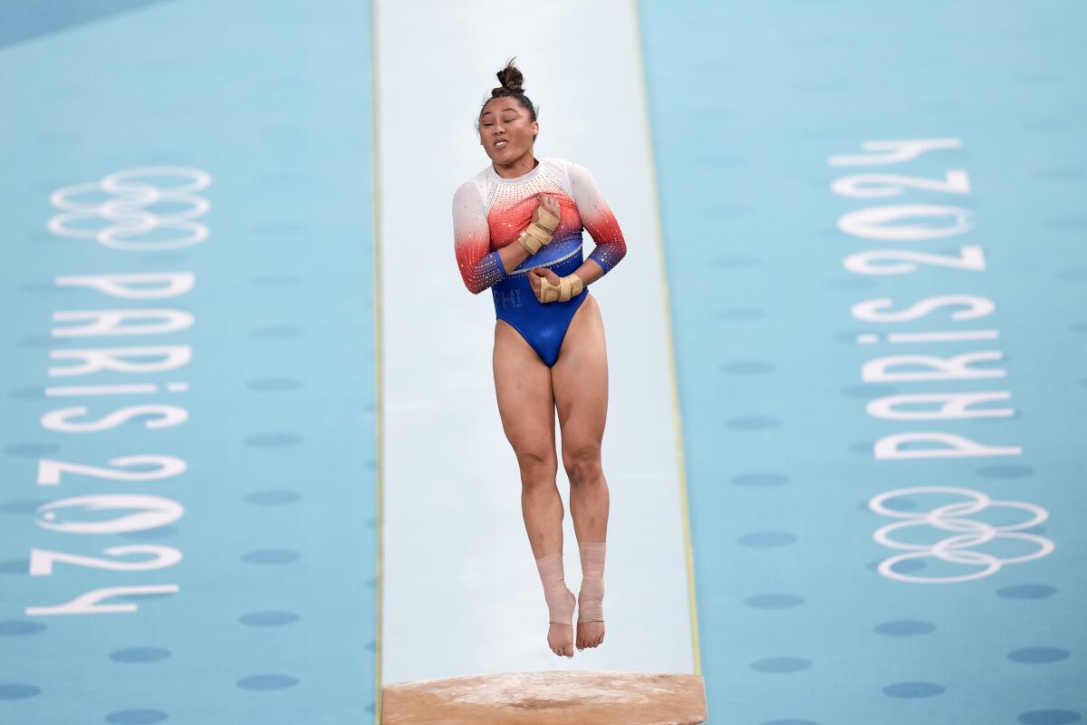 Emma Malabuyo of the Philippines competes on the vault during the qualification round at the Paris Olympics on Sunday.