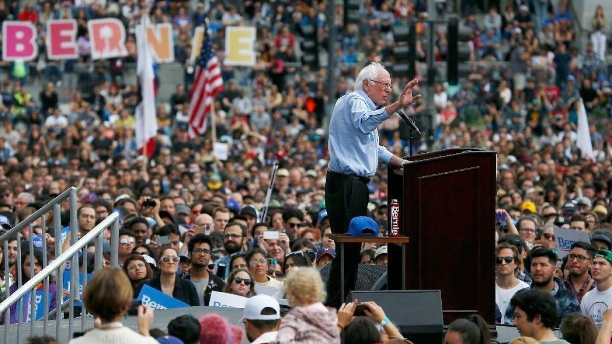 Sen. Bernie Sanders speaks during a rally at Grand Park in downtown Los Angeles on Saturday, Mar. 23, 2019.