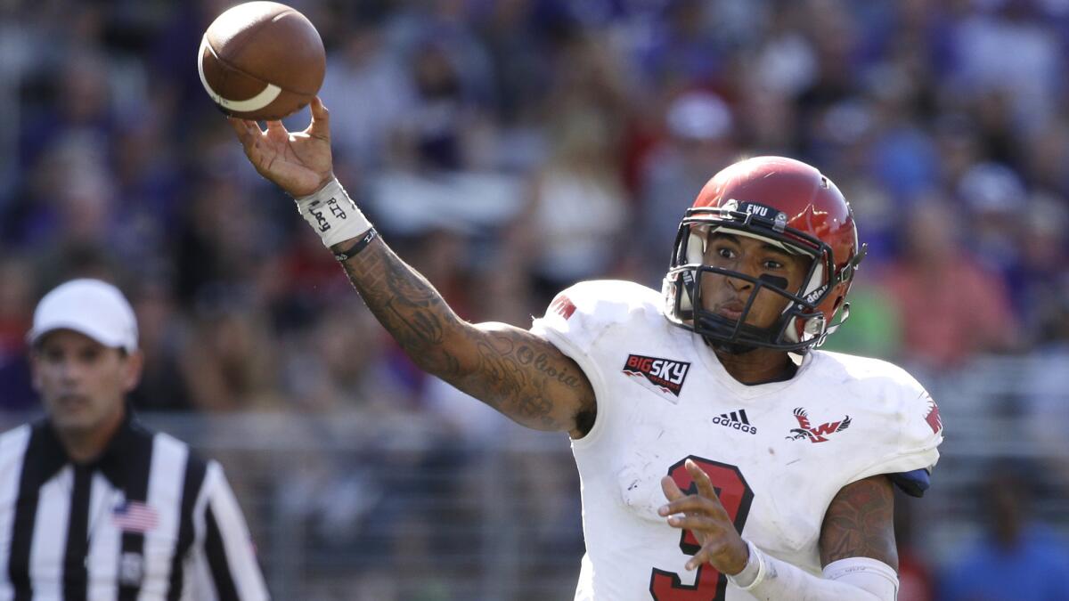 Eastern Washington quarterback Vernon Adams Jr. throws against Washington during a game on Sept. 6. Adams announced Monday he will transfer to Oregon.