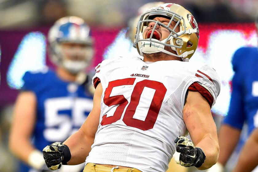 San Francisco 49ers linebacker Chris Borland celebrates during a win over the New York Giants in November.
