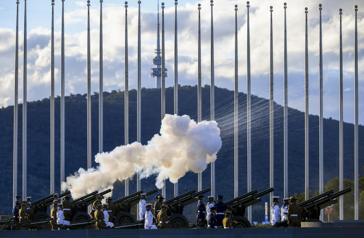 The Australian Federation Guard fire a 41-gun salute in Cranberra to mark the passing of Prince Philip.