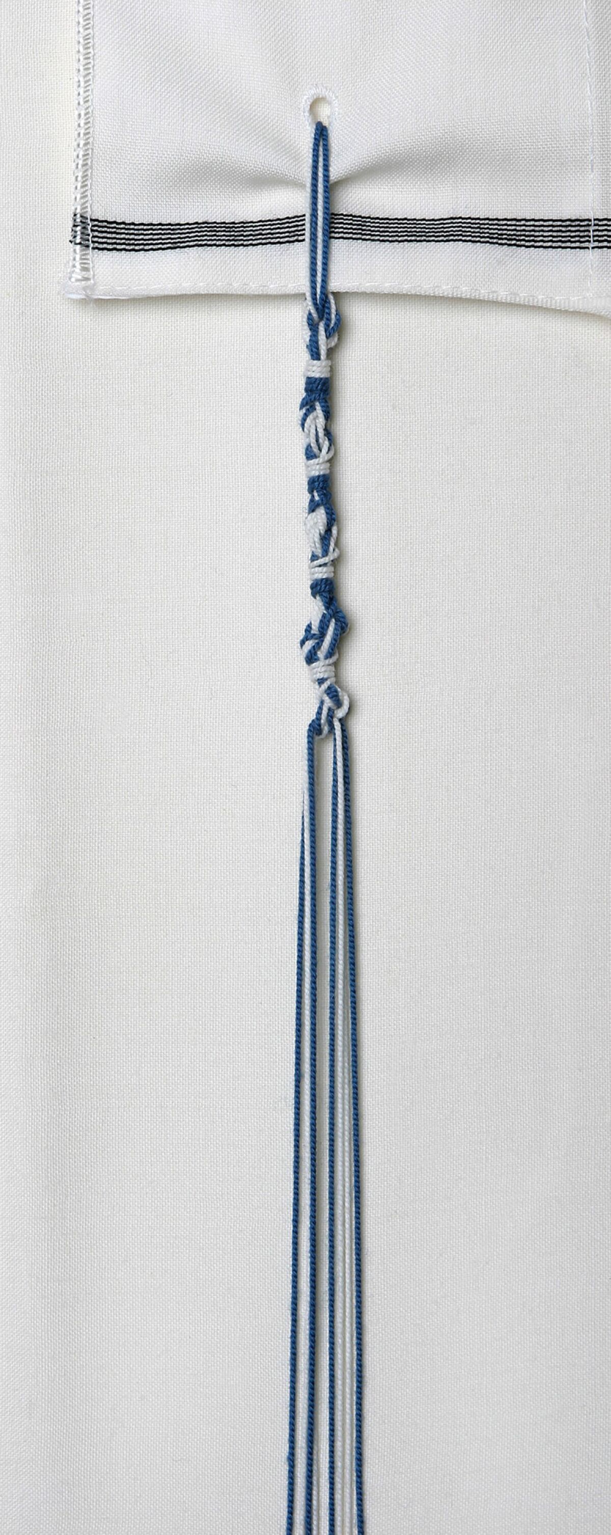 Tzitzit tassels with threads dyed in tekhelet ("biblical blue") produced by Murex trunculus snails.