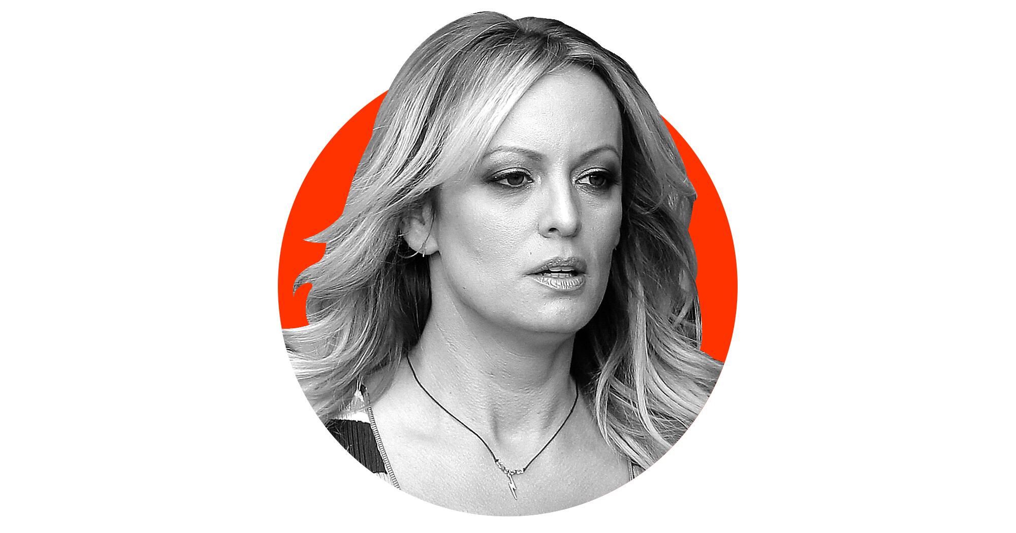 A photo illustration of a black-and-white headshot of Stormy Daniels emerging from a red circle