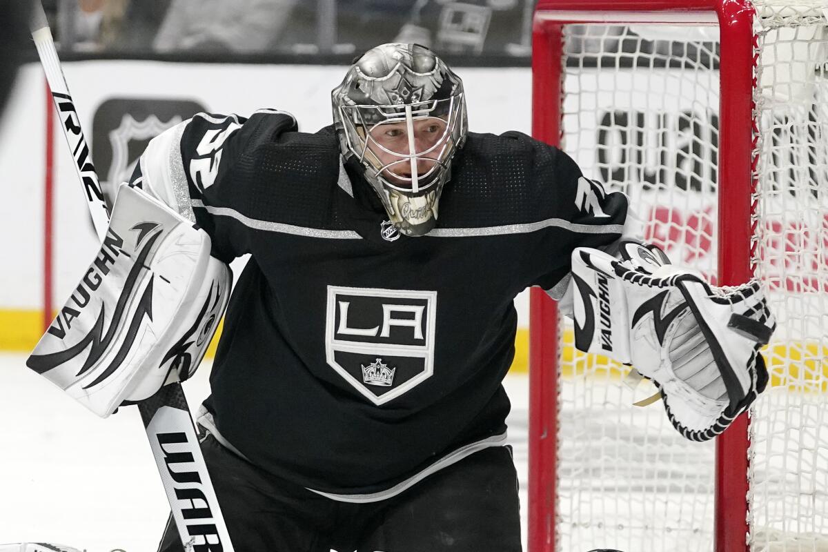 Kings goaltender Jonathan Quick watches a shot fly past the goal during a playoff game against the Edmonton Oilers in May.