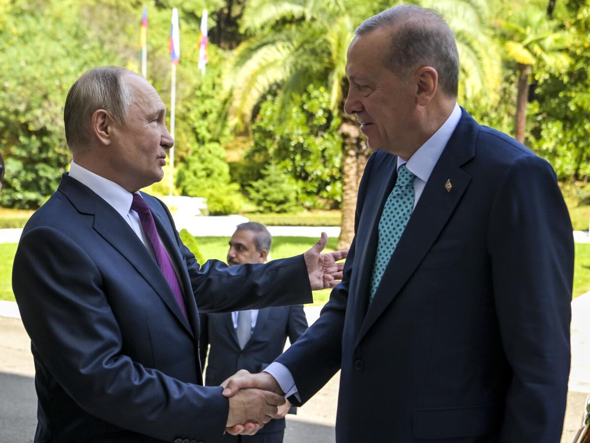 El presidente ruso Vladímir Putin saluda al presidente turco, Recep Tayyip Erdogan, 