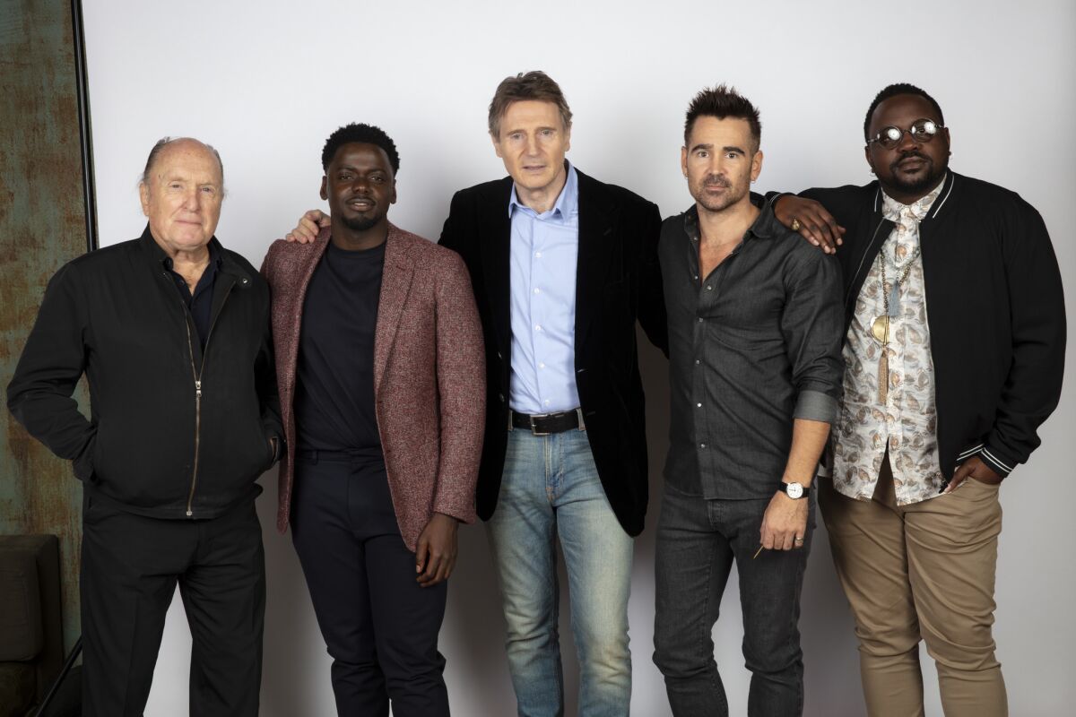 Actor Robert DuVall, left, actor Daniel Kaluuya, actor Liam Neeson, actor Colin Ferrell and actor Brian Tyree Henry from the film "Widows."