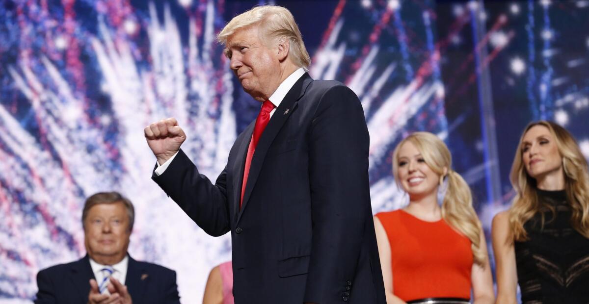 Republican presidential nominee Donald Trump after his speech on the final day of the 2016 Republican National Convention in Cleveland, Ohio on July 21.