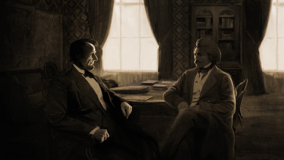 A sketch of Abraham Lincoln and Frederick Douglass in an office at the White House