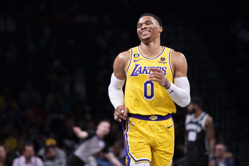 Los Angeles Lakers guard Russell Westbrook (0) reacts during the first half of an NBA basketball game against the Brooklyn Nets, Monday, Jan. 30, 2023, in New York. (AP Photo/Corey Sipkin)