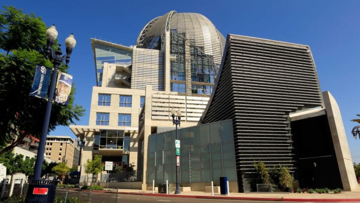 The San Diego Central Library downtown sports a steel lattice dome looming over a glass-enclosed reading room