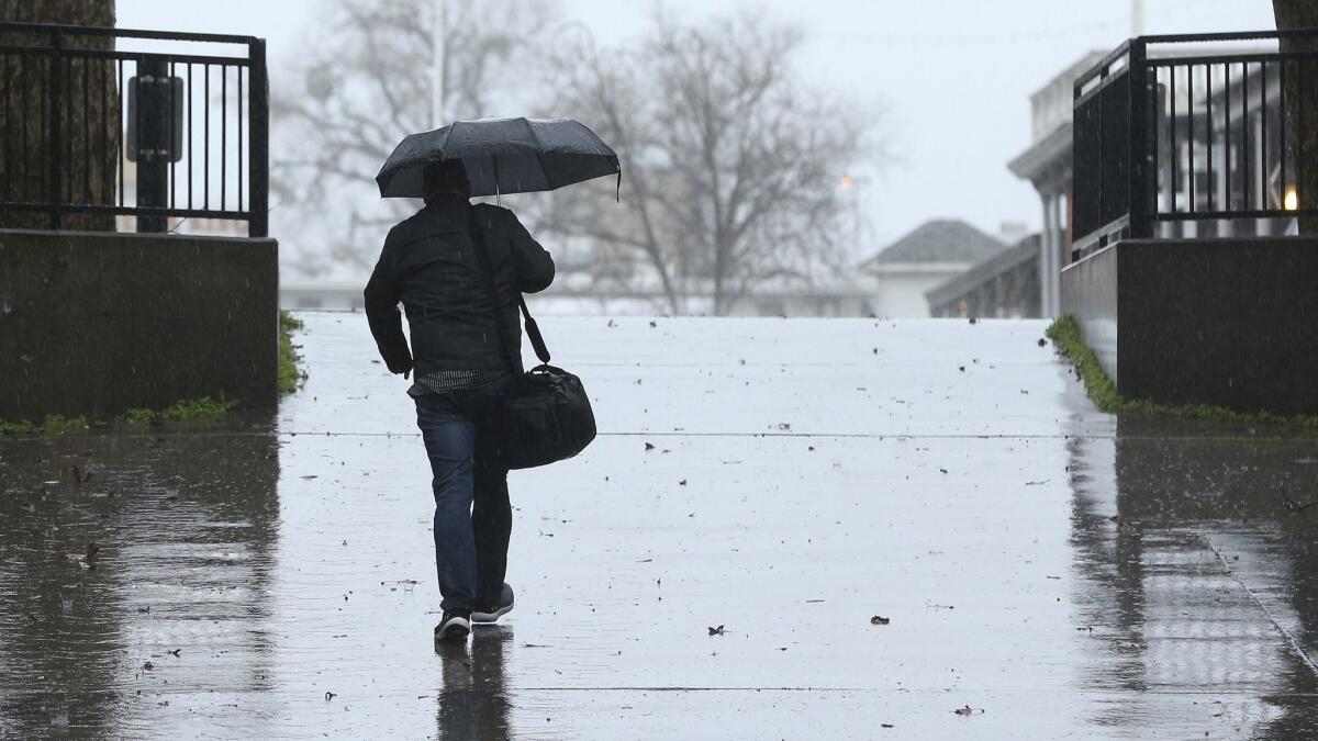 Umbrellas were put to use as a storm moved through Sacramento on Wednesday.