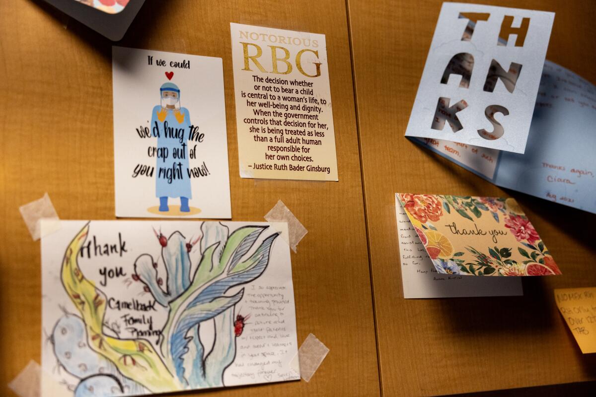 A Thank You cards hang on a cupboard at Camelback Family Planning on April 18, 2024 in Phoenix, Arizona.