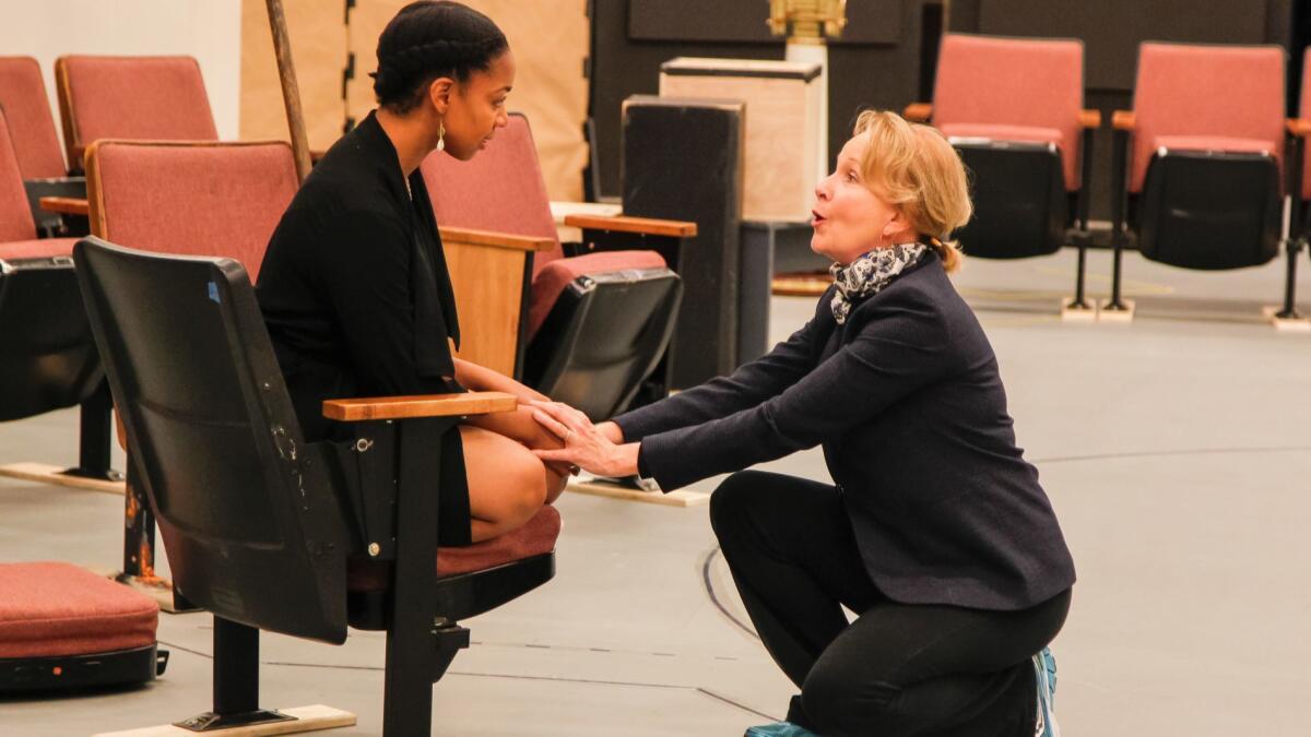Nora Carroll (left) and Kate Burton rehearse a scene from "The Tempest" at the Old Globe Theatre.