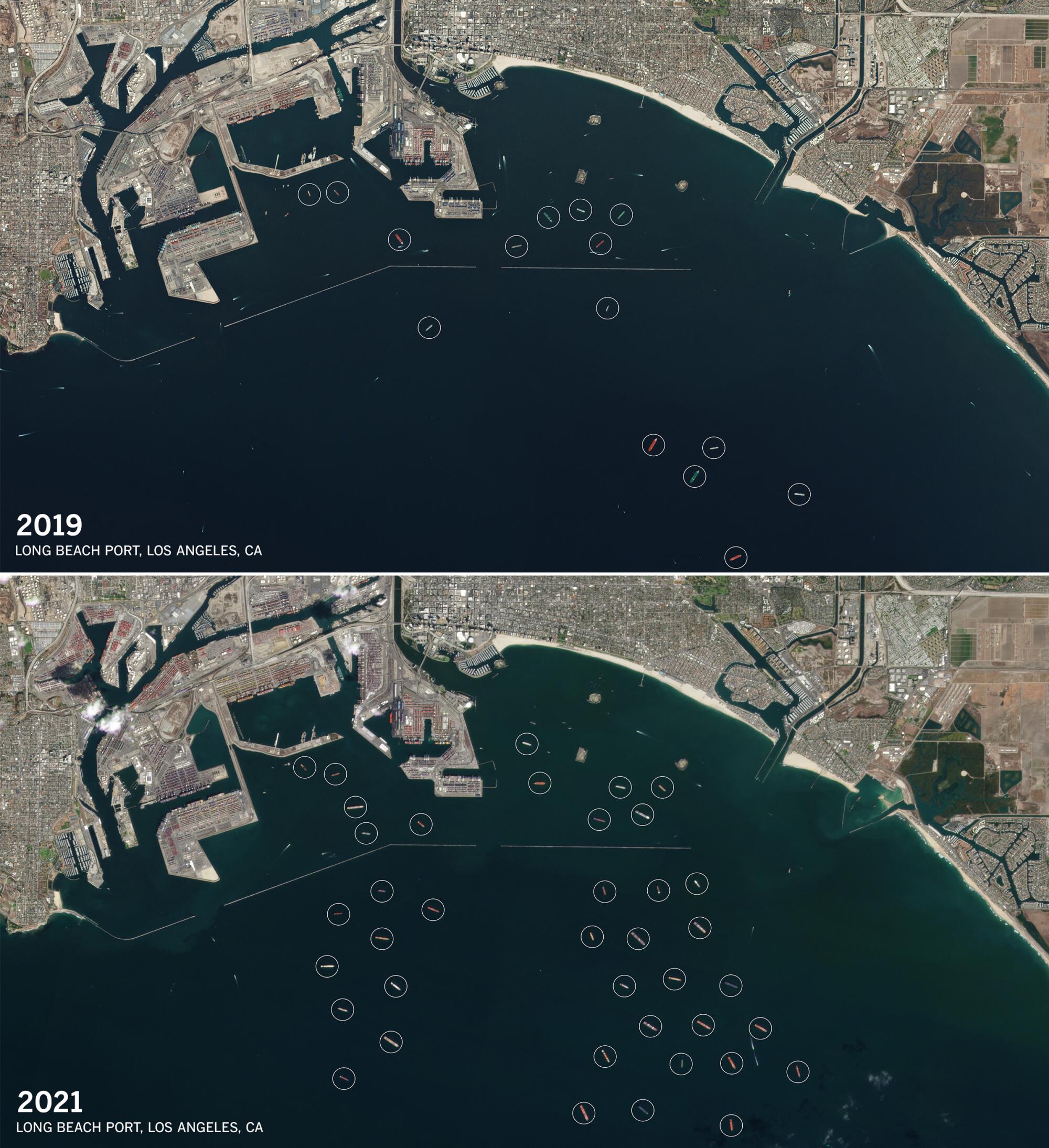 Satellite photos of Long Beach Port comparing 2019 to 2021.