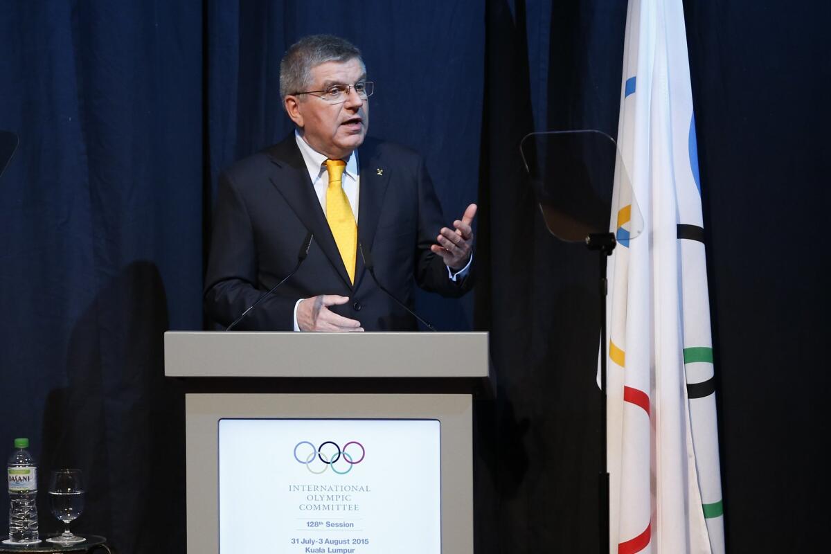 Thomas Bach, president of the International Olympic Committee, makes opening remarks at the IOC session in Kuala Lumpur, Malaysia, on Thursday.