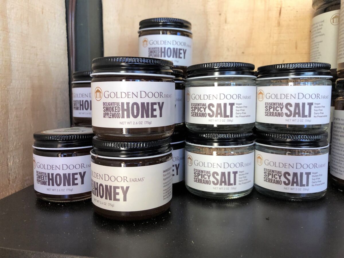 Golden Door brand honey and spicy salt seasoning for sale at the new Golden Door Country Store in San Marcos.