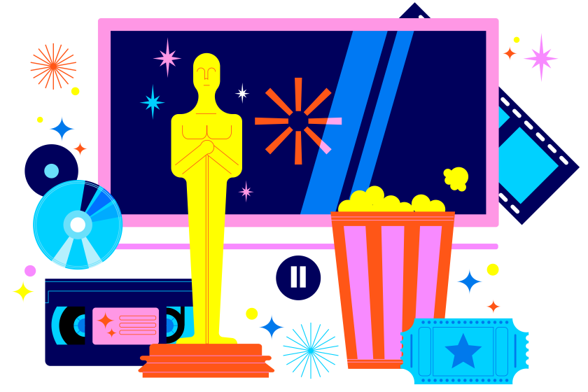 Illustration showing Oscars statuette, popcorn bucket, movie ticket, Blu-ray DVDs and VHS tape 
