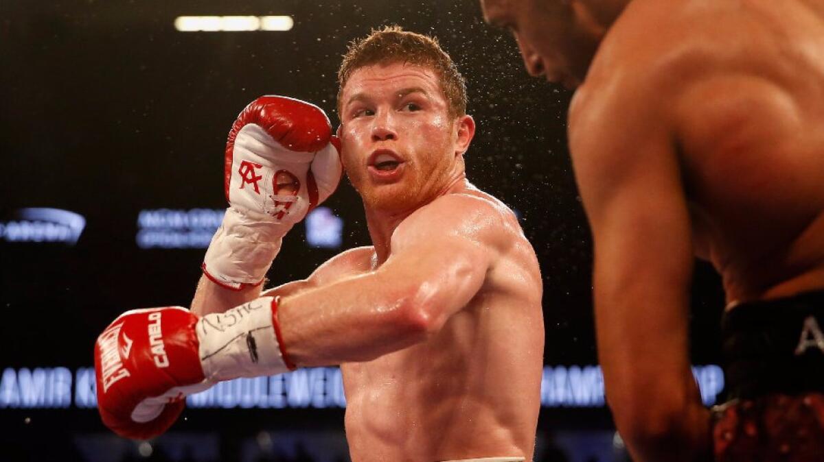 Canelo Alvarez lands a left hand on Amir Khan during their middleweight title fight in Las Vegas on May 7.