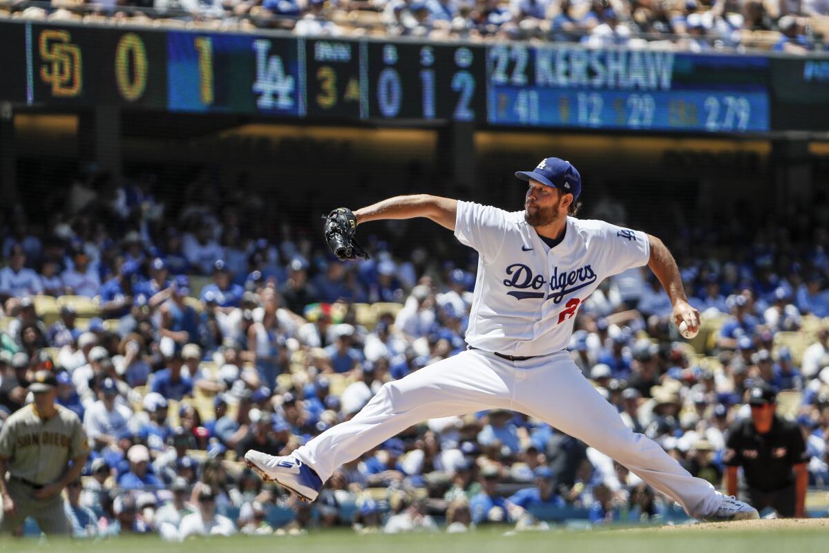 Dodgers pitcher Clayton Kershaw pitches against the San Diego Padres at Dodger Stadium.