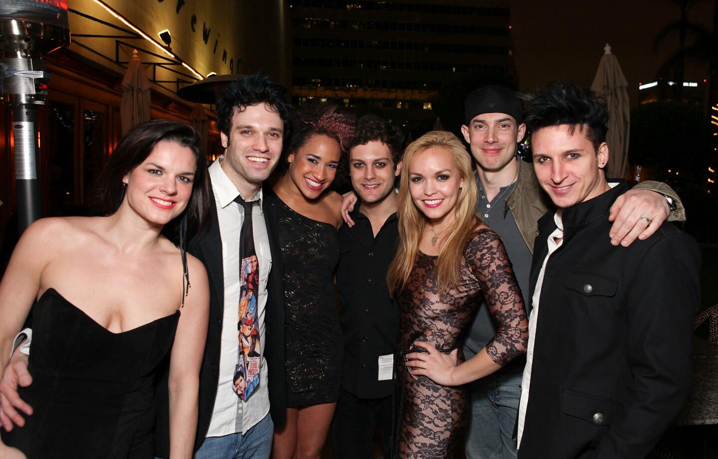 Cast members Leslie McDonel, Jake Epstein, Gabrielle McClinton, Van Hughes, Nicci Claspell, Scott J. Campbell and Joshua Kobak pose during the party for the opening night performance of Green Day's "American Idiot" at Center Theatre Group's Ahmanson Theatre on March 14, 2012 in Los Angeles, California.