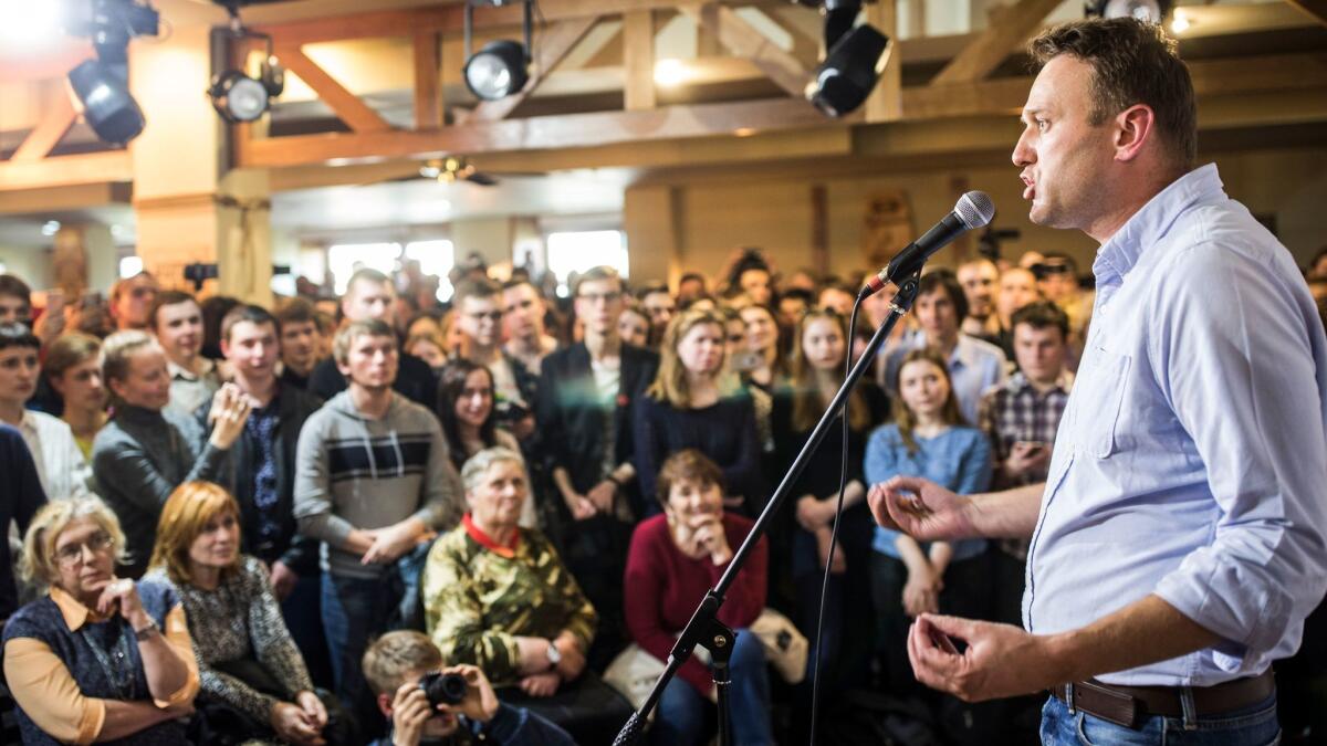 Russian opposition leader Alexei Navalny speaks to people in the city of Perm, Russia on June 9.