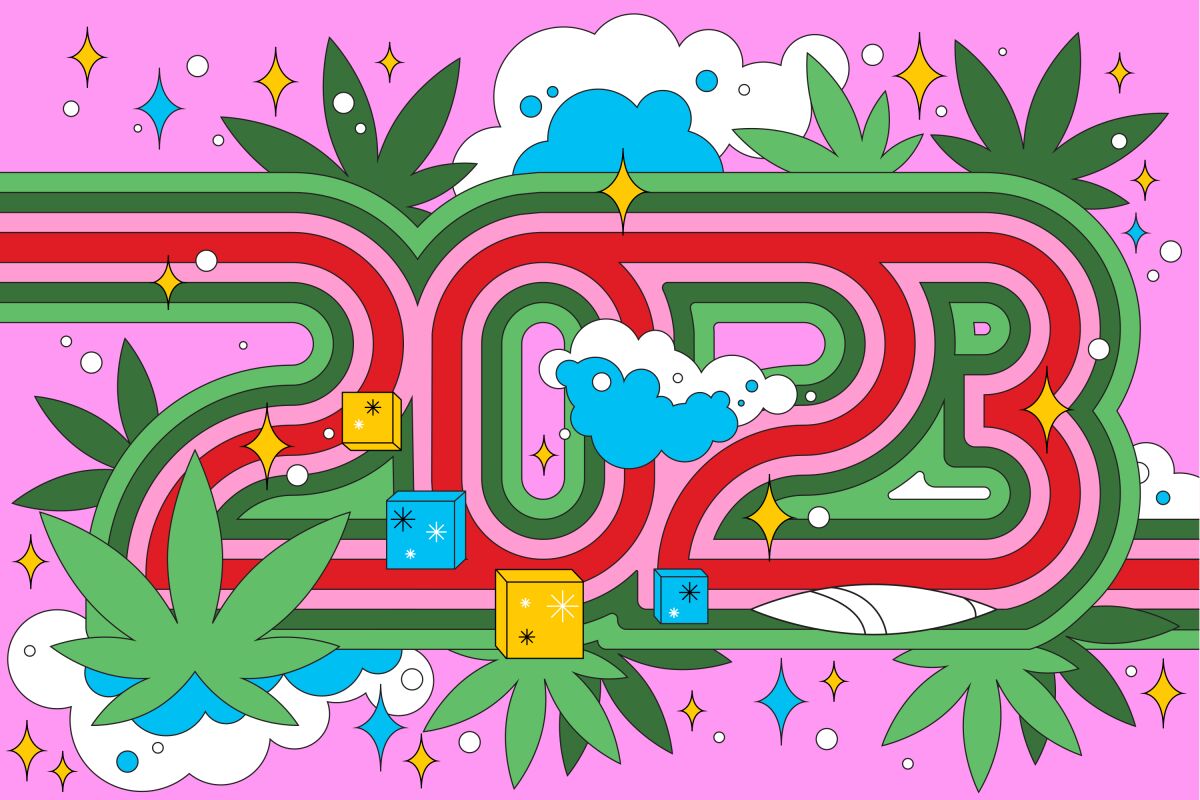 A psychedelic image of the number 2023 surrounded by cannabis leaves, edibles, a joint and drifting smoke.