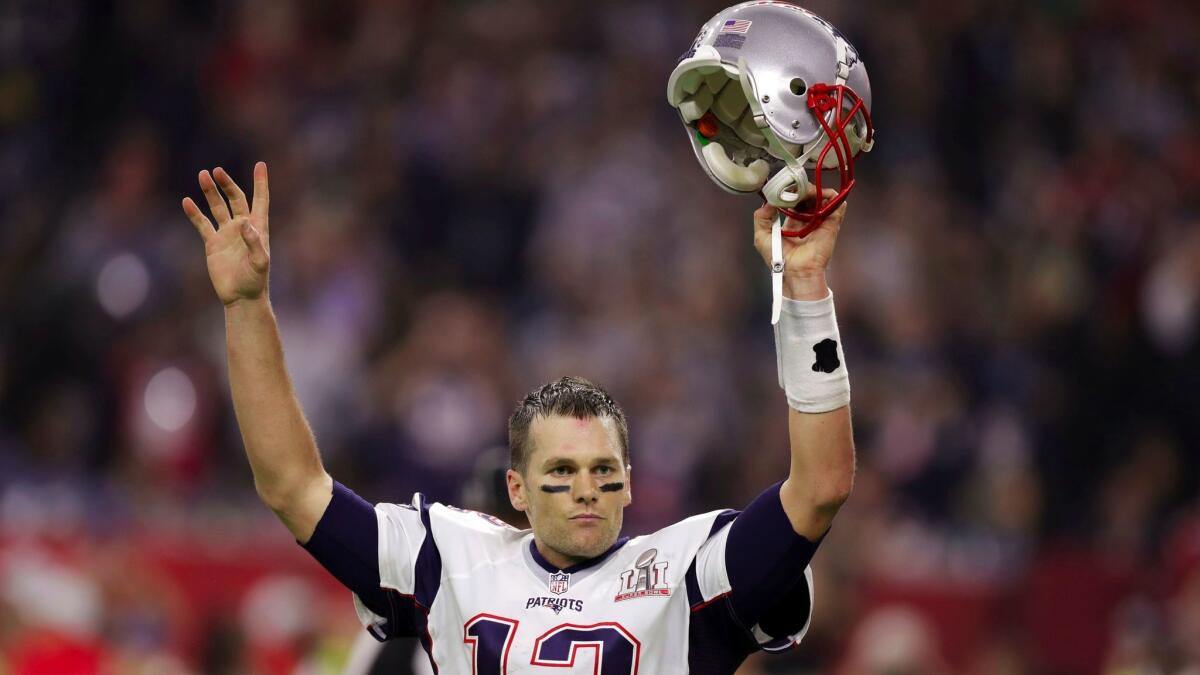 New England Patriots quarterback Tom Brady celebrates after the Patriots defeated the Atlanta Falcons in Super Bowl LI on Feb. 5, 2017.