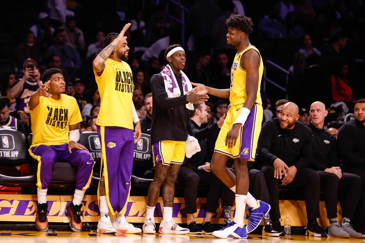 Lakers center Mo Bamba exits the game against the New Orleans Pelicans at Crypto.com arena on Feb. 15.