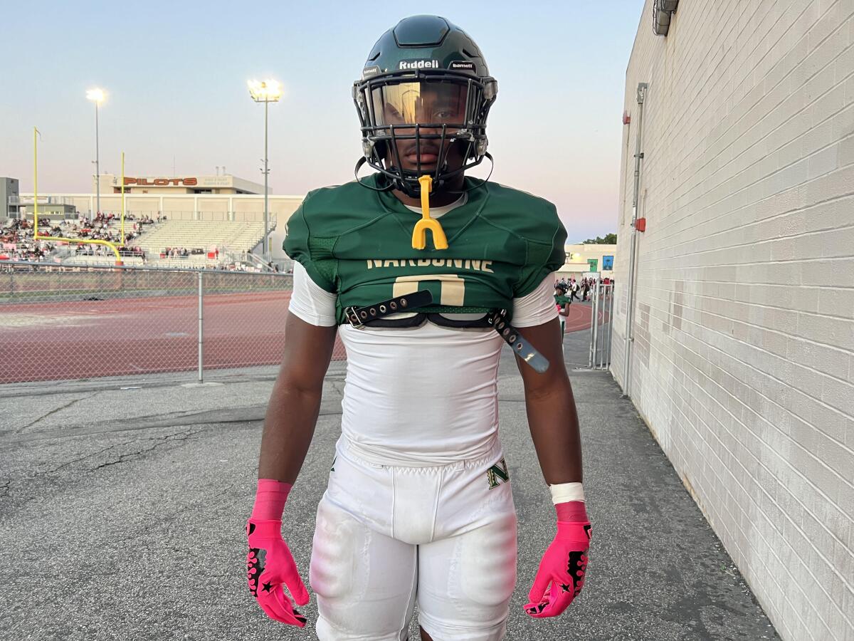 Mark Iheanachor Jr. of Narbonne in his uniform at the stadium