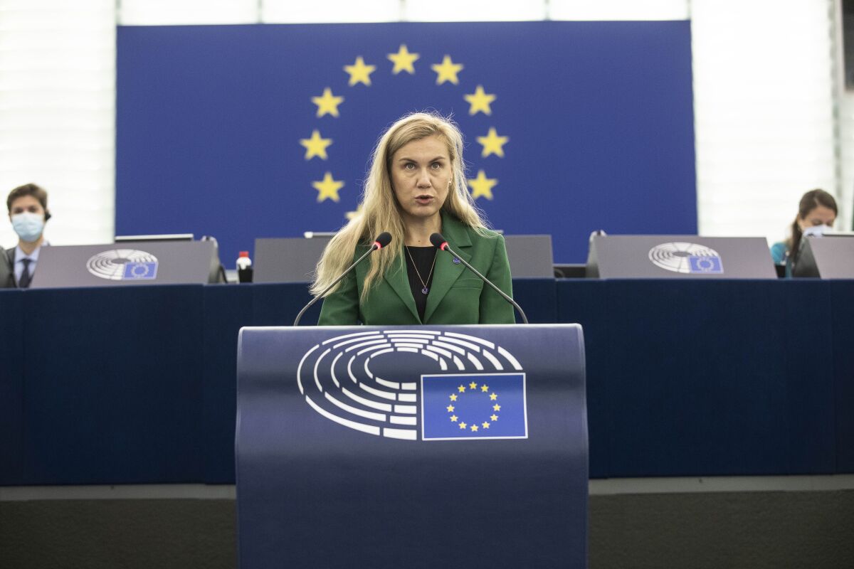 European Commissioner for Energy Kadri Simson delivers her speech about European solutions of the rise of energy prices for businesses and consumers and consumers at the European Parliament in Strasbourg eastern France, Wednesday, Oct. 7, 2021. (AP Photo/Jean-Francois Badias, Pool)