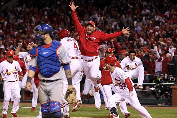 The St. Louis Cardinals forced a Game 7 in the 2011 World Series with a stunning comeback that pushed Game 6 into 11 innings. St. Louis Cardinals Manager Tony La Russa probably summed it up best. "You had to be here to believe it," he said. The Cardinals went on to win the World Series. Above, Gerald Laird celebrates after David Freese hits a home run to win the game.