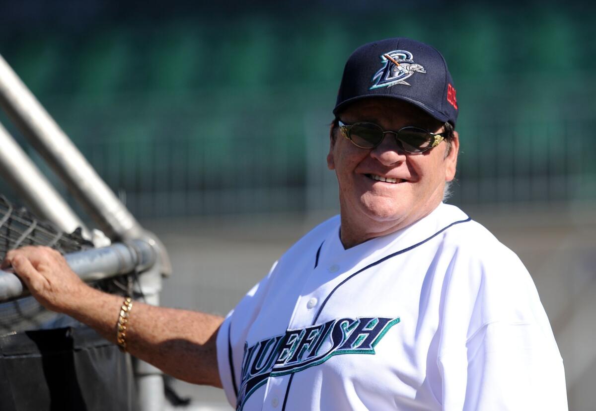 Baseball legend Pete Rose looks on during batting practice prior to managing the game for the Atlantic League Bridgeport Bluefish against the Lancaster Barnstormers on Monday night.