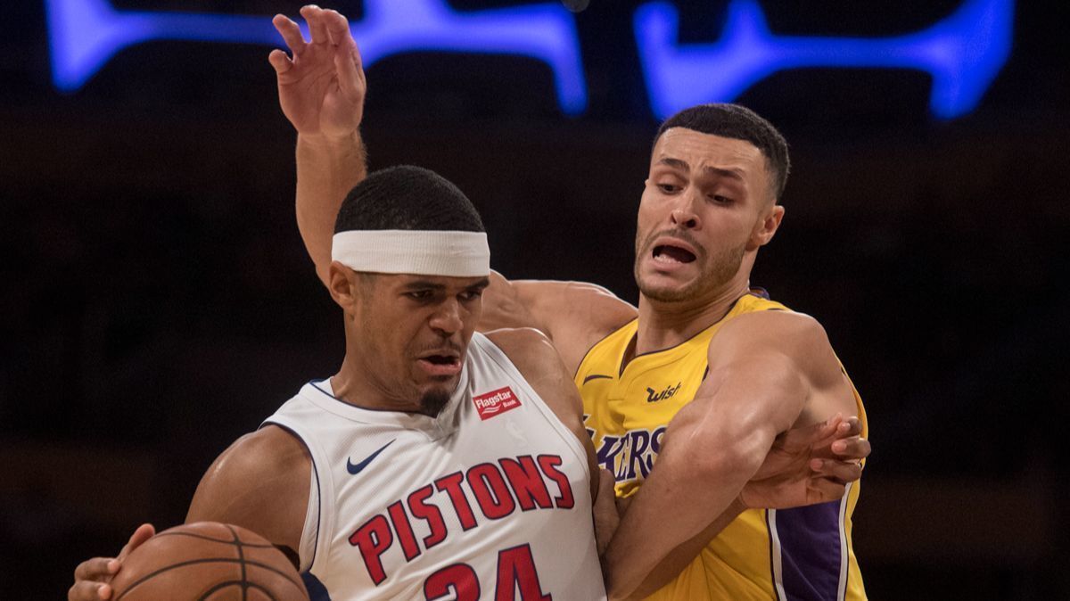 Larry Nance Jr. gives the Lakers a double-double Tuesday night, plus some tight defense on Pistons forward Tobias Harris.