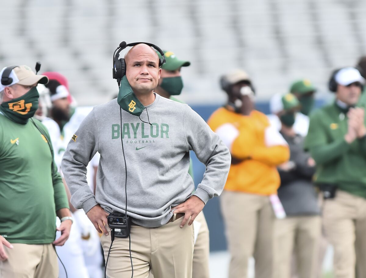 Baylor head coach Dave Aranda looks during an NCAA college football game against West Virginia , Saturday, Oct. 3, 2020, in Morgantown, W.Va. (William Wotring/The Dominion-Post via AP)
