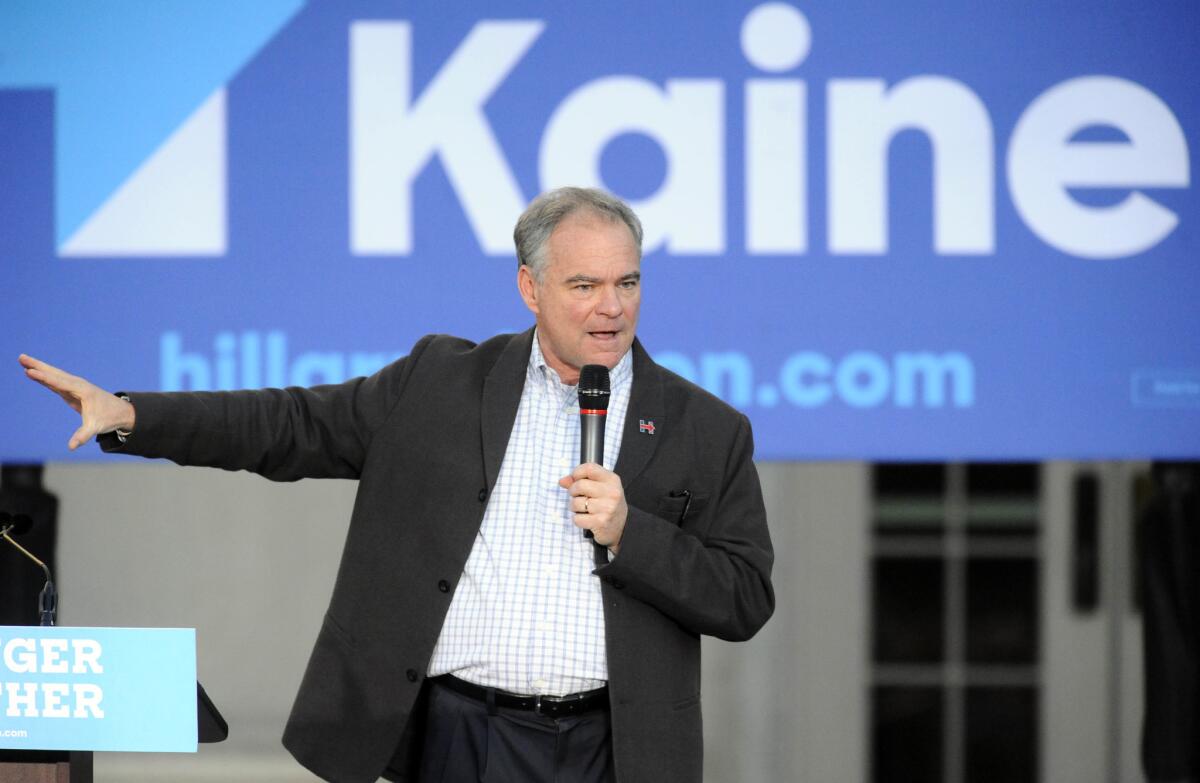 Democratic vice presidential candidate Sen. Tim Kaine talks to the crowd during a rally at Davidson College in Davidson, N.C., Wednesday, Oct. 12, 2016.