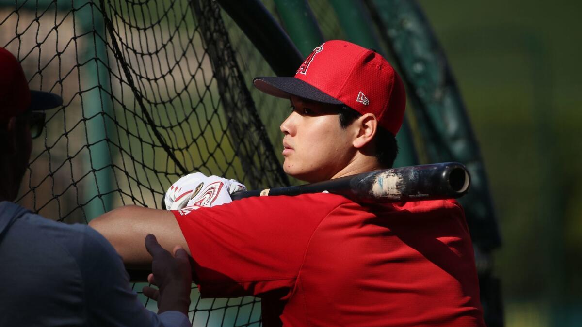 Shohei Ohtani of the Los Angeles Angels takes batting practice