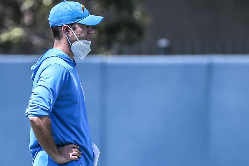 Costa Mesa, CA, Friday, May 14, 2021 - Head coach Brandon Staley looks on as rookies work out at LA Chargers mini-camp at Hoag Performance Center. (Robert Gauthier/Los Angeles Times)