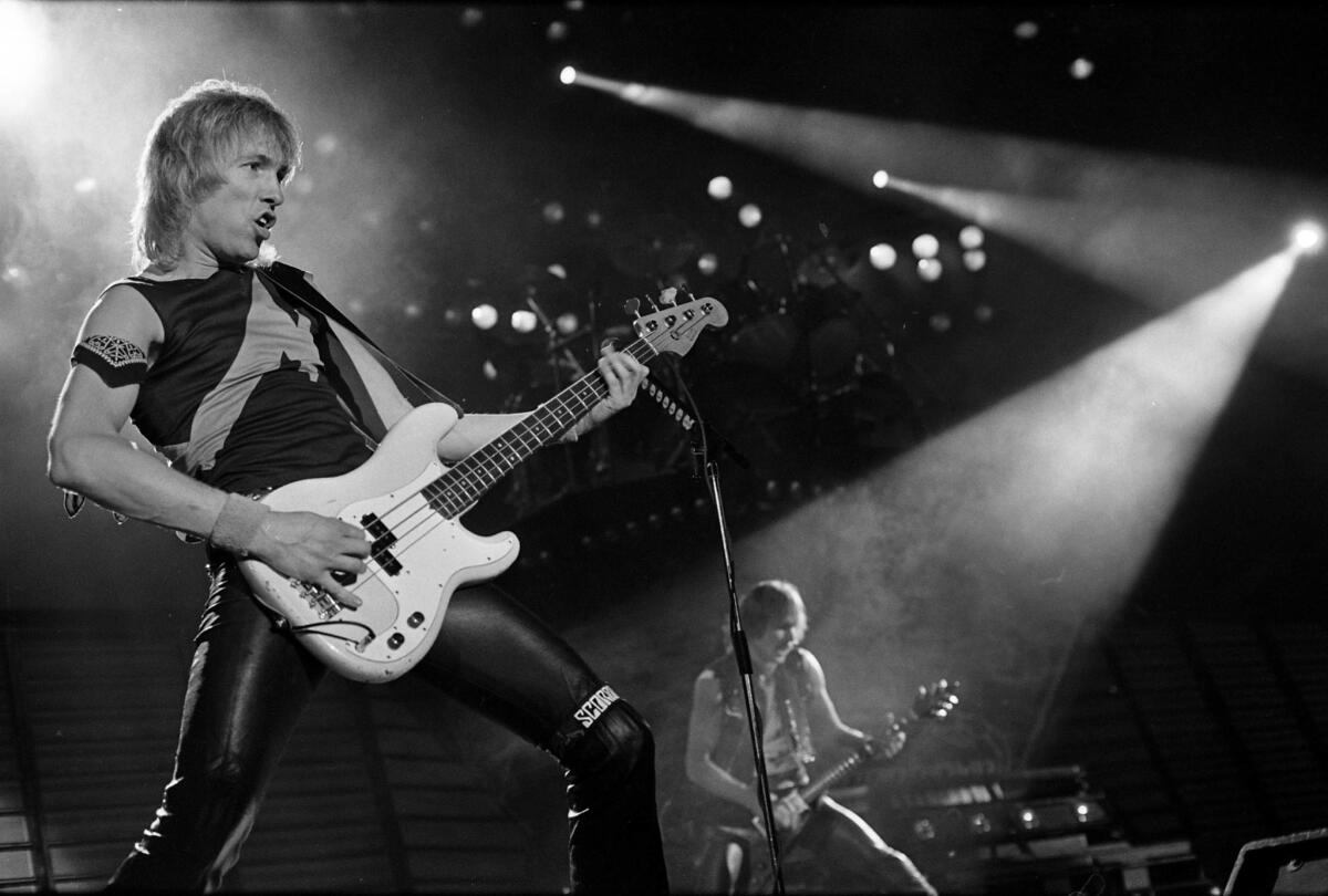 April 24, 1984: The Scorpions' bass player Francis Buchholz during concert at the Forum.