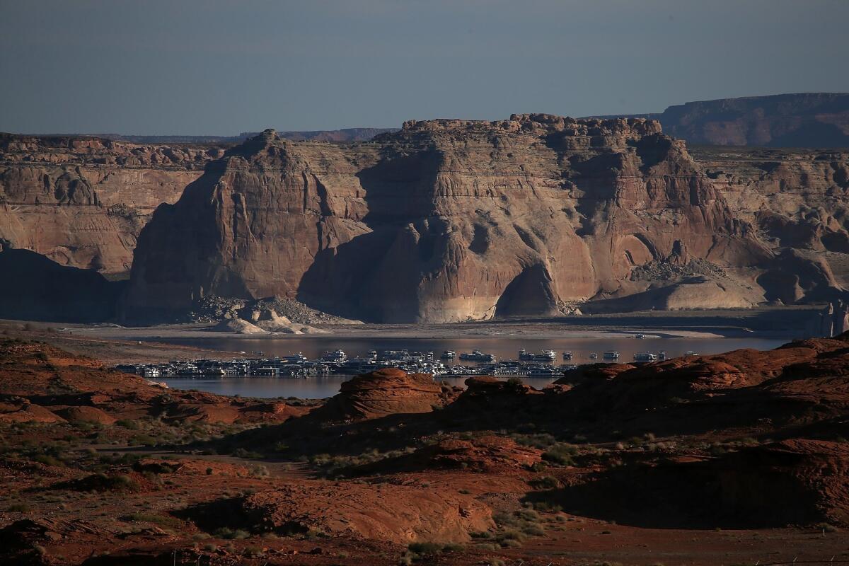 Low water levels are visible at Wahweap Marina at Lake Powell in Page, Ariz., because of the severe drought in the West.