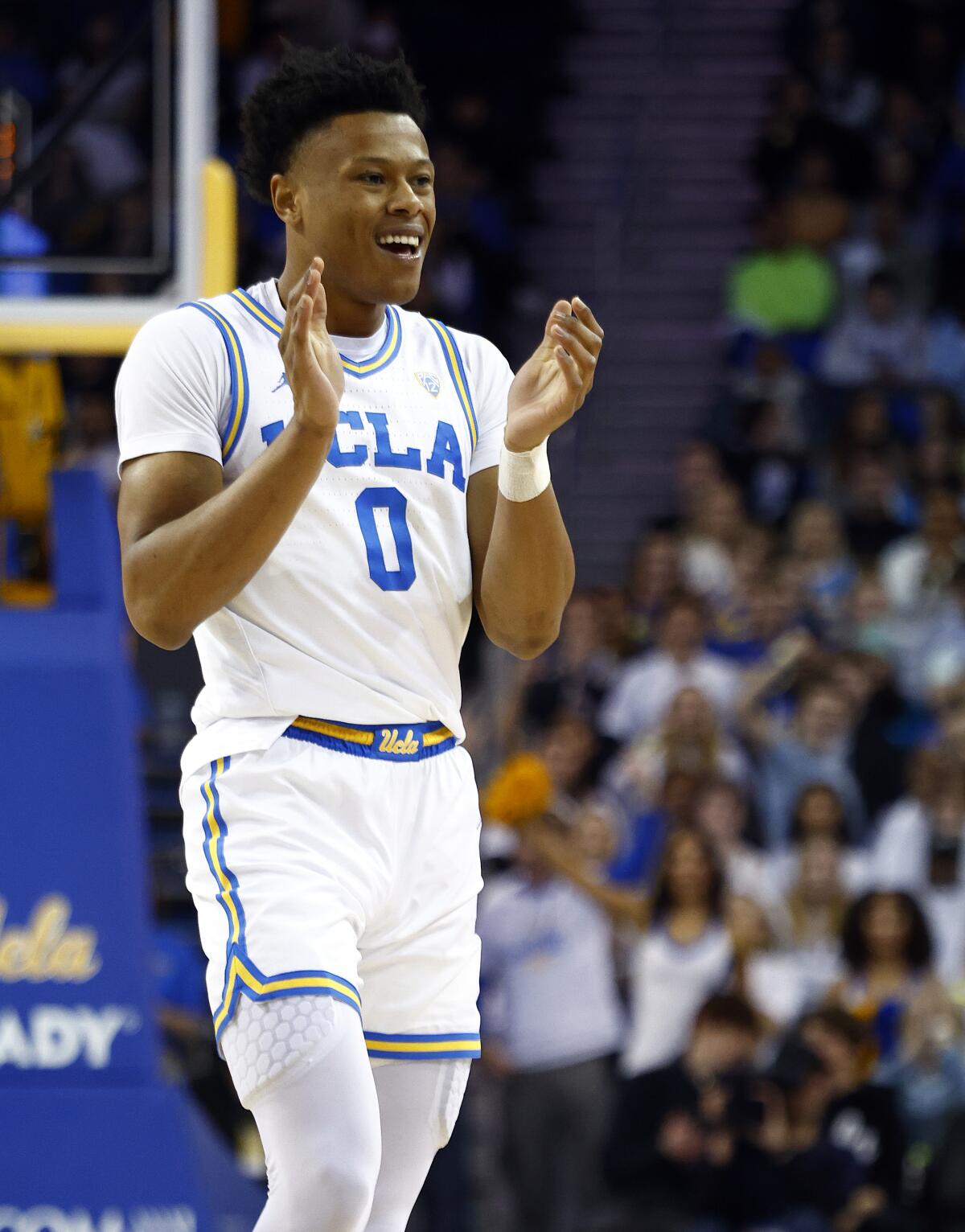 The Bruins' Jaylen Clark reacts against Colorado in the first half Jan. 14, 2023.