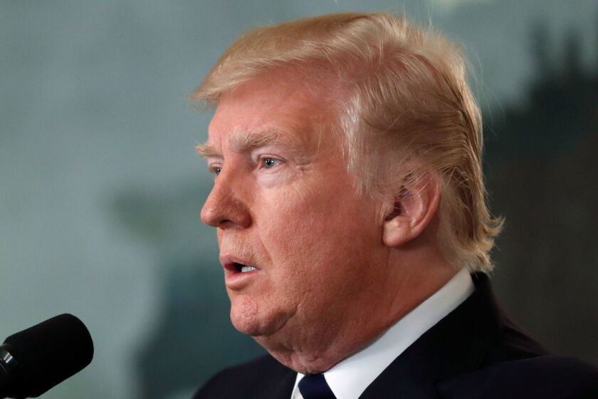 President Donald Trump speaks in the Diplomatic Reception Room of the White House in Washington, Monday, Oct. 2, 2017, about the mass shooting in Las Vegas. (AP Photo/Carolyn Kaster)