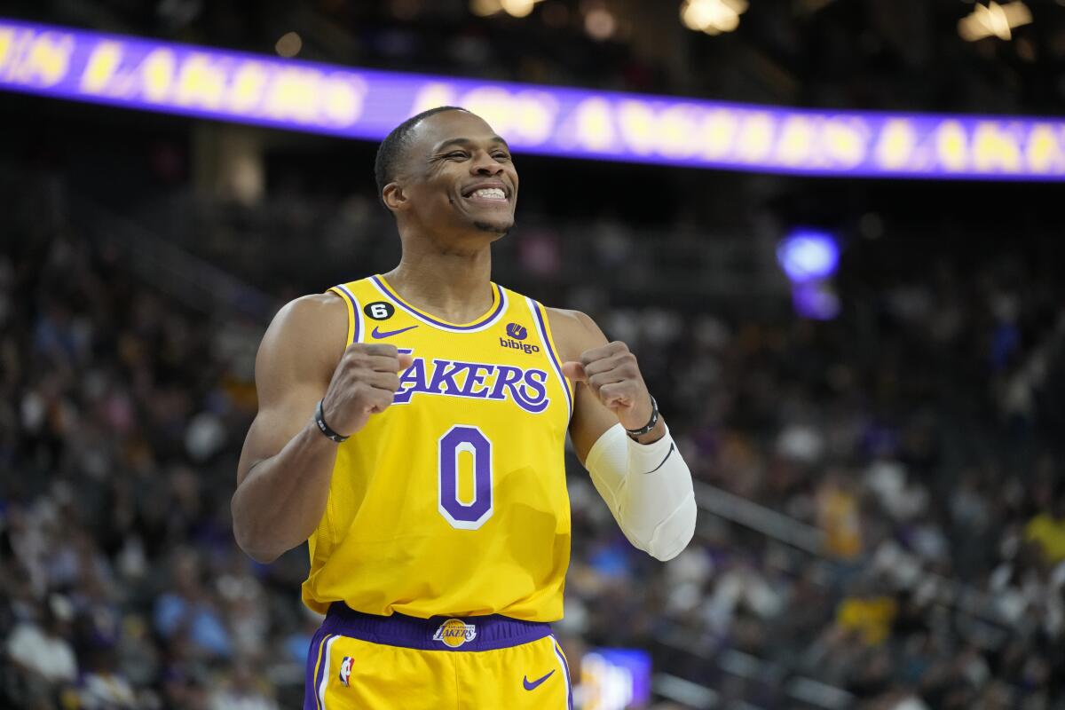 Lakers guard Russell Westbrook reacts during a preseason game against Phoenix in Las Vegas.
