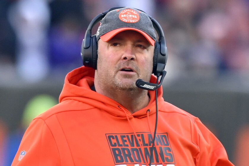 FILE - In this Dec. 22, 2019, file photo, Cleveland Browns head coach Freddie Kitchens walks on the field during the fourth quarter of an NFL football game against the Baltimore Ravens in Cleveland. Recently fired Cleveland Browns coach Freddie Kitchens has been hired as the New York Giants tight end coach on Wednesday, Feb. 5, 2020. (AP Photo/David Richard, File)
