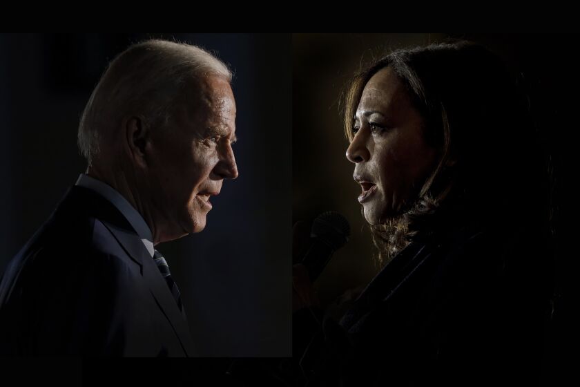 Former Vice President Joe Biden will again meet Sen. Kamala Harris of California in the second night of the Democratic debates in Detroit. The two have unveiled their Medicare plan, will debate the other candidates. (Photo of Joe Biden by Charlie Neibergall / AP ; Photo of Kamala Harris by Marcus Yam / Los Angeles Times)