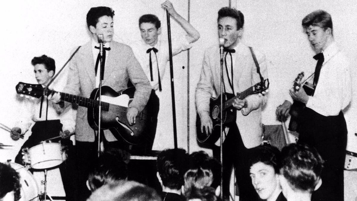 A photo from Oct. 14, 1957 shows Paul McCartney's first performance with the Quarry Men (from left): drummer Colin Hanton, McCartney, bassist Len Garry, John Lennon and guitarist Eric Griffiths.