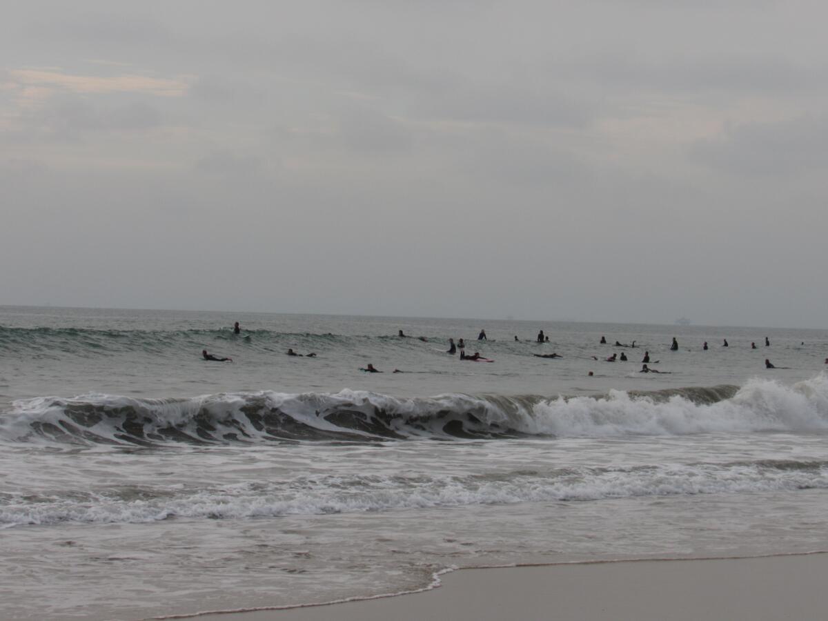 Surfers dot the water at Newport Pier following reports of high-surf activity for the area on Wednesday.