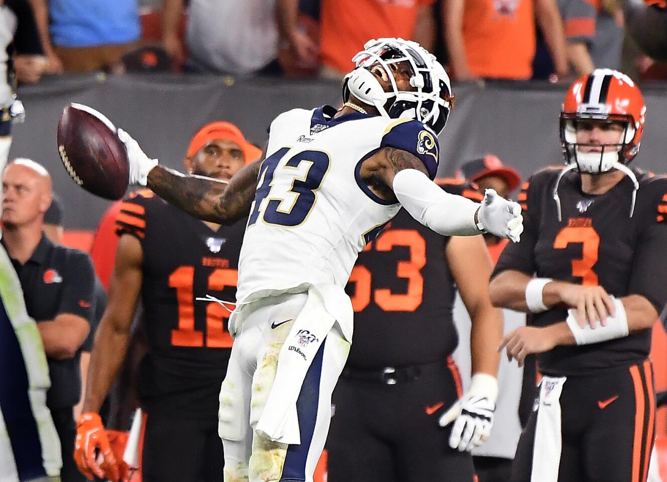 CLEVELAND, OHIO SEPTEMBER 22, 2019-Rams safety John Johnson celebrates his interception inthe end zone to seal the game against the Browns inthe 4th quarter at First Energy Stadium in Cleveland Sunday. (Wally Skalij/Los Angeles Times)