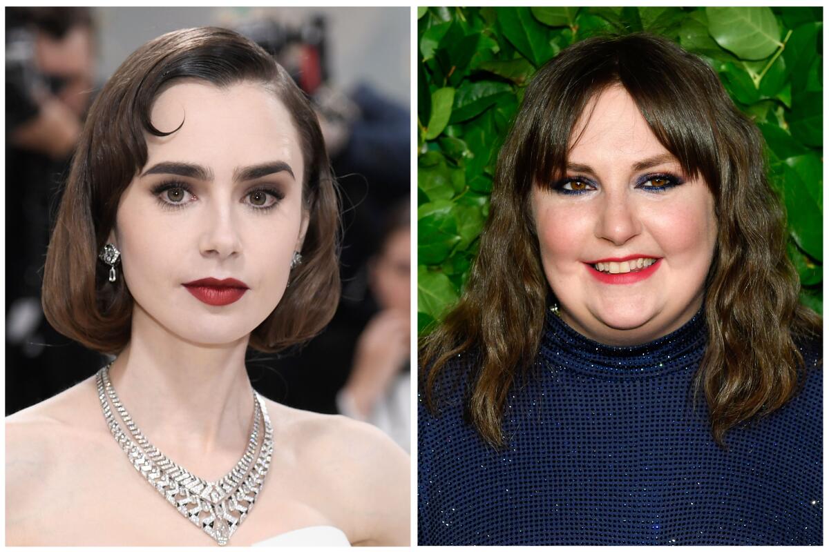 Lily Collins wears a diamond necklace and a bold red lip on the left, Lena Dunham wears a sequin blue turtleneck. 